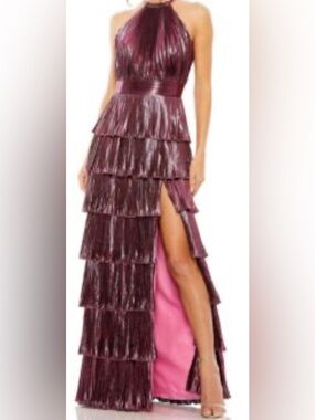 Metallic Plum Tiered Halter Prom Dress
